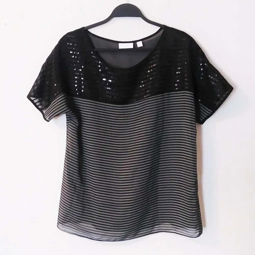 New York and Co Black Striped Sequin Top‎ Med